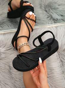 女士夏季度假天鹅绒平底凉鞋，黑色室内拖鞋适合海滩穿着 - 黑色 - 查看 3