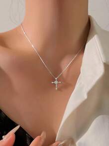 1pc S925 Sterling Silver Cross Pendant Niche Luxurious Necklace, Delicate Collarbone Chain, Gentle Style Daily Wear Gift - Cross - View 5