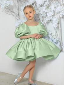 Young Girl Pearls Puff Sleeve Bowknot Mint Green Party Dress, Elegant Princess Dress Suitable For Girls Birthday Party, Christmas Party, Wedding, Flower Girl, Holiday Celebration - Mint Green - View 1