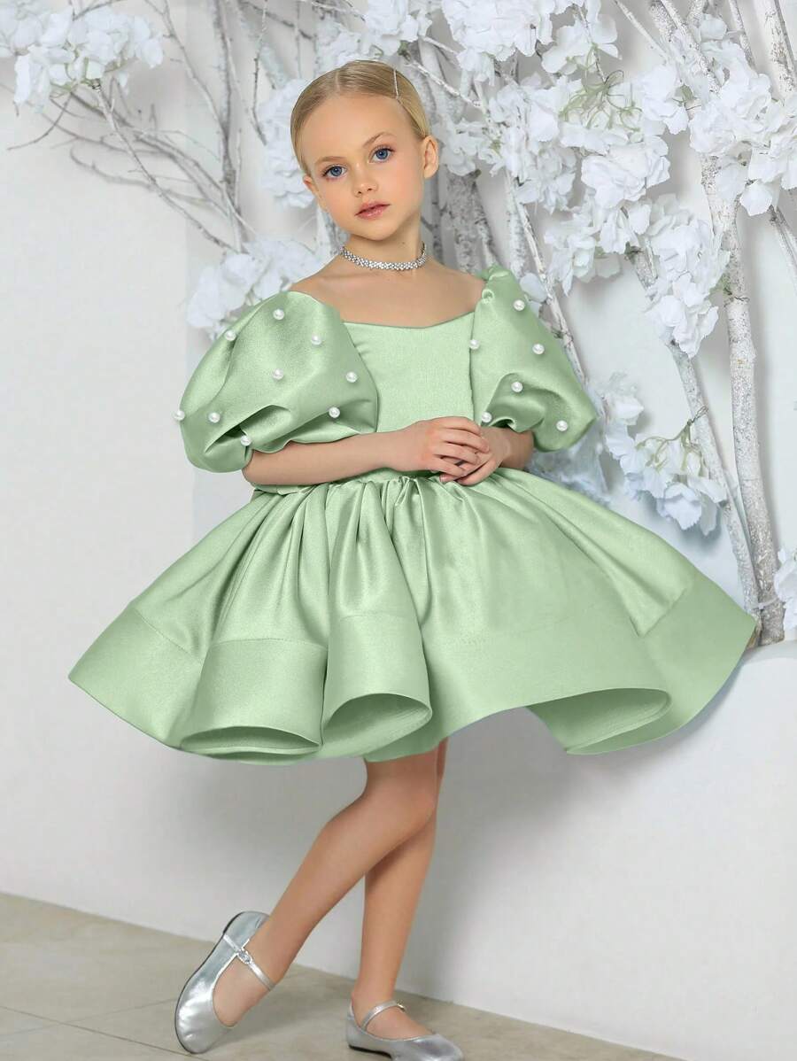 Young Girl Pearls Puff Sleeve Bowknot Mint Green Party Dress, Elegant Princess Dress Suitable For Girls Birthday Party, Christmas Party, Wedding, Flower Girl, Holiday Celebration - Mint Green - View 1