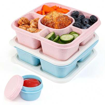 [2 Pcs] Snack Box Containers Set -, Leak-Proof, 5 Compartments Bento Snack Boxes With 1 Leakproof Small Containers, Dishwasher/Microwave Friendly, Idea For Office, School, On-The-Go.