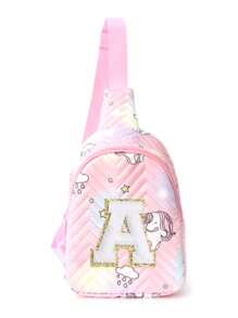 1 件 26 个英文字母刺绣粉色绗缝可爱独角兽斜挎包适合女孩卡哇伊可调节肩带便携式胸包适合徒步旅行、度假和日常通勤儿童节日礼物