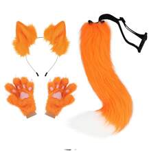 Fox Wolf Ears Headband Furry Tail Plush Cat Paw Mittens Gloves Set Halloween Party Cosplay Costumes Accessories, Rave