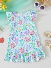 2pcs Baby Girl Summer Cap Sleeve Cartoon Turtle Print Dress Set - Multicolor - View 4