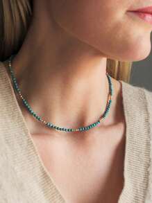 简约绿松石颈链，优雅 3 毫米珠链不锈钢首饰