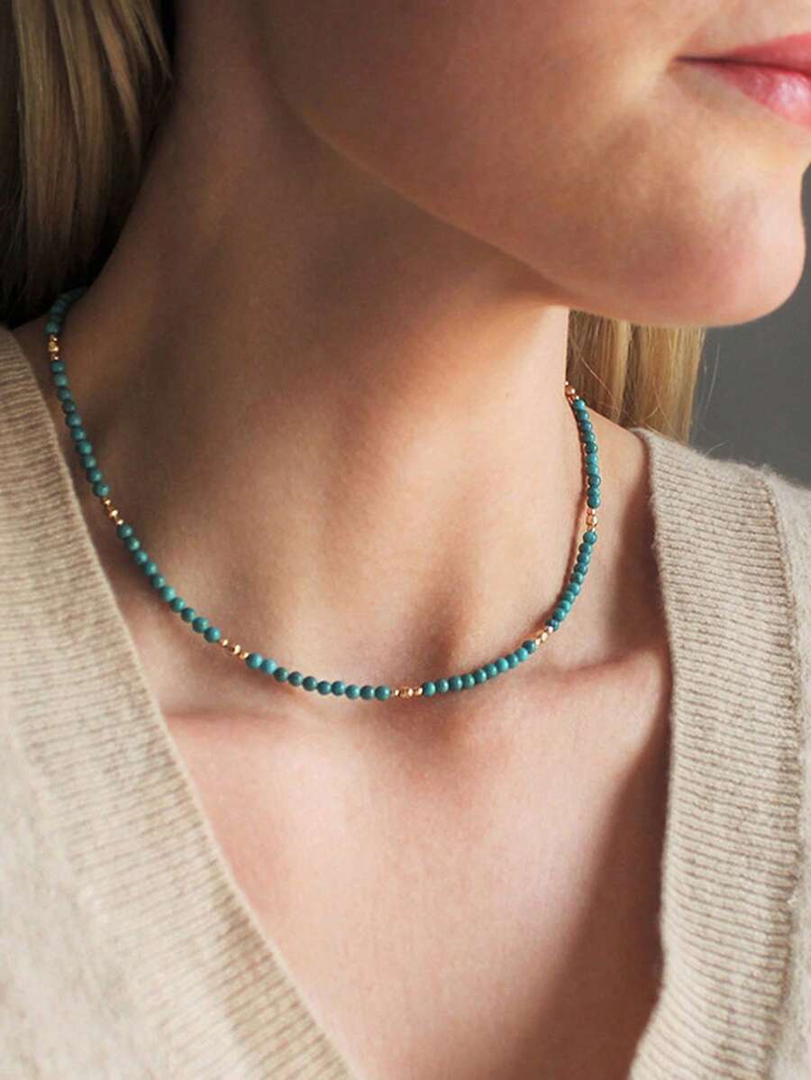 简约绿松石颈链，优雅 3 毫米珠链不锈钢首饰