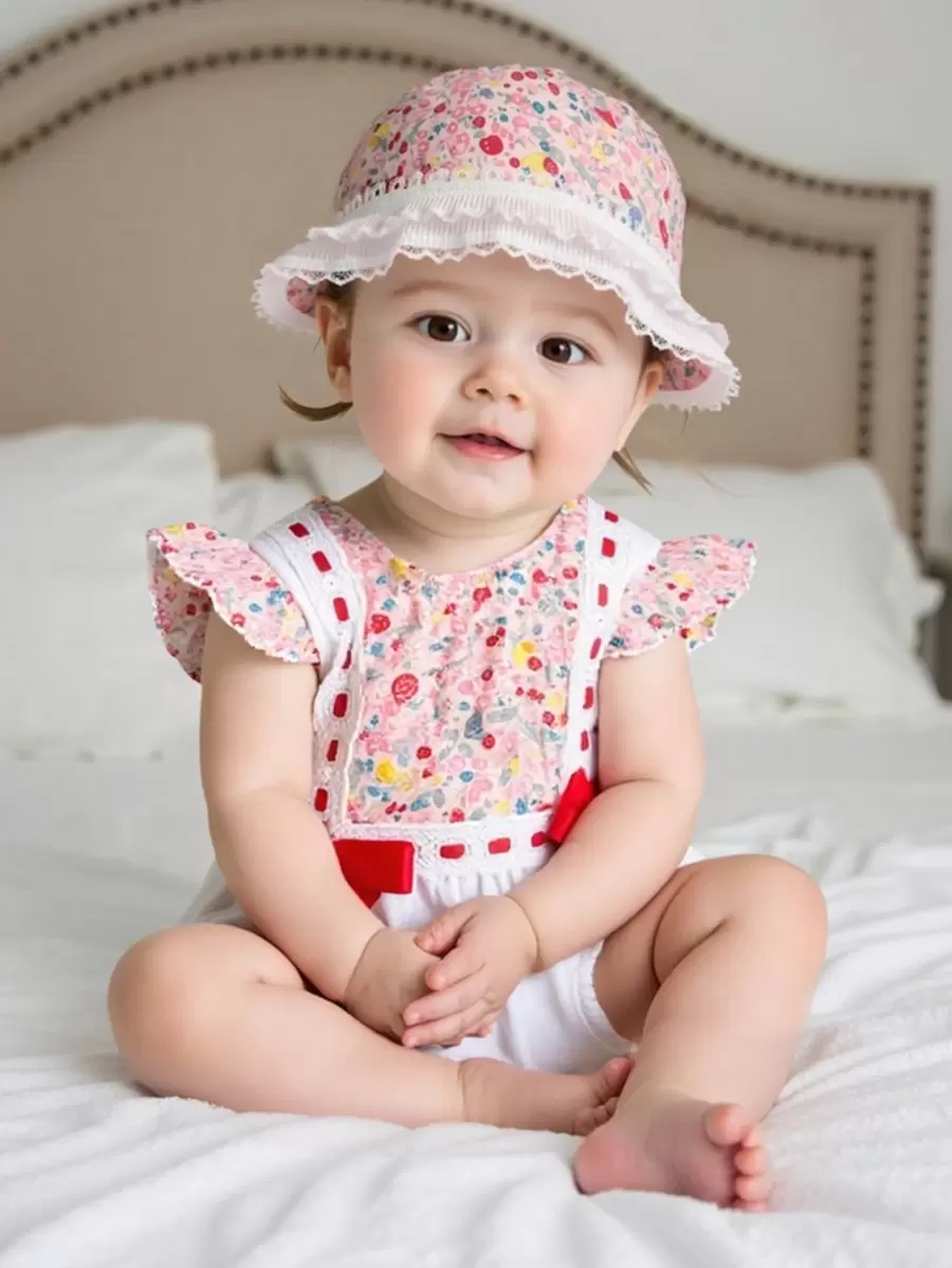 Baby Girl's Floral Print Patchwork Bodysuit With Bow Decor And Hat - Pink - View 1