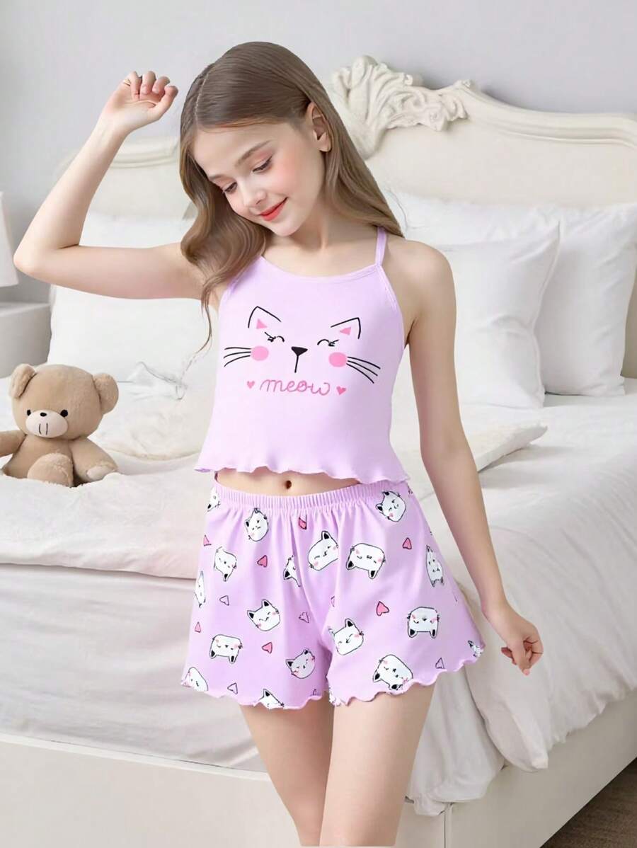 女童两件套可爱猫咪印花粉色背心上衣中腰短裤套装适合春夏秋季 - 粉色 - 查看 1