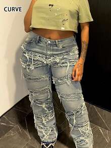 Vintage Distressed Straight Leg Jeans, Washed Skinny Plus Size Women Denim Pants, Streetwear Style, Suitable For Spring And Autumn Casual - Medium Wash - View 5