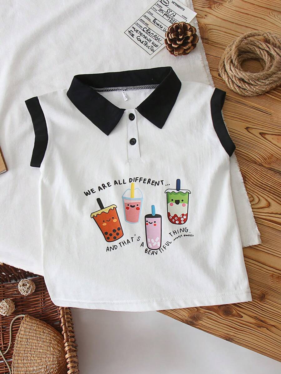幼儿男孩/女孩夏季无袖 Polo 衫、印花背心 - 白色 - 查看 1
