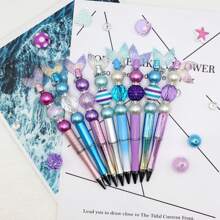 8 قطع/9 قطع قلم مرصع بخرز أزرق وبنفسجي بتدرج اللون بتصميم الحورية، مجموعة تشمل خرز أكريليك ملون بالبريق وقلادات ذيل السمكة، لوازم مكتبية وتعليمية إبداعية، هدية مكافأة