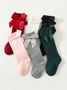 6 Pairs Baby Girl Over The Knee Socks, Long Leg Ribbed Stockings, Bowknot Accent, Solid Color, For Spring Autumn Wear, Ballet/Formal Dance - Multicolor - View 5