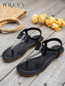 WRCVS Women Black Flat Pearl Rhinestone Embellished Thong Sandals, Sexy Lightweight Casual Beach Shoes With Bow - Black - View 6