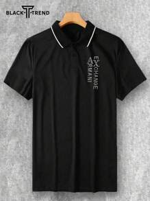 Men's Letter Pattern Basic Lapel Front Button Short Sleeve Retro Casual Rhinestones Bling Polo Shirt, Casual Daily Wear, Suitable For Husband To Go Out, With Casual Pants, Suitable For Travel/Vacation/Outdoor Camping/Sports