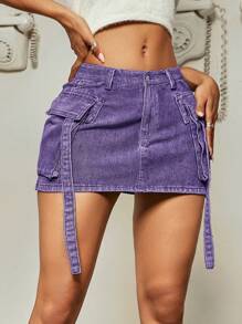 Y2K复古水洗翻盖口袋带装饰工装牛仔迷你裙，音乐节 - 紫色 - 查看 4