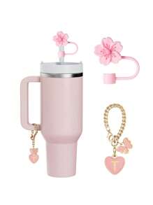 兼容 杯配件 1 件黑粉色吸管盖，用于杯吸管盖，1 件可爱心形字母和圆形字母饰物，适用于 30&40 盎司带手柄玻璃杯，字母饰物配件的长度为 3.94 英寸。个性化字母配件