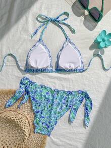 女士可爱花卉蕾丝荷叶边比基尼两件套，适合夏季海岛度假游泳