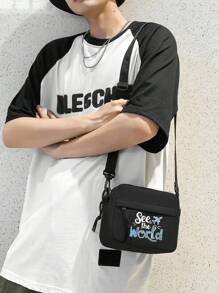 Peach Tree Sling Bag, Shoulder Bag, Mini Square Bag For Men, Fashion Simple Solid Color, World Map Print, Daily Casual Mini Nylon Lightweight Water Resistant Crossbody Bag, Bicycle Bag, Chest Bag, Outdoor Sports Bag, Halloween Personalized Crossbody Bag, Outdoor Bag, Simple And Generous Men's Gift, Black White, Large Capacity Multi-Functional Portable Fashion Casual Dad Gift Boyfriend Gift Business Sports Bag Mini Bag - Black - View 5