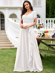 MIUSOL Deep V-Neck Contrast Sequin Lace Ruffle Trim Chiffon Formal Party Maxi Dress - White - View 7