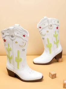 Girls Cowboy Boots Square Toe Western Boots With Low Heel - White - View 4