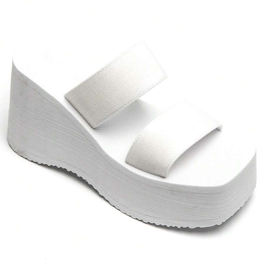 Platform Wedge Sandals With Wide Double Straps - White - View 1