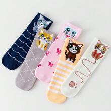 1Pair Mid Length Spring And Summer Women's Socks, Cat And Animal Long Socks, Breathable, Comfortable, And Casual - Multicolor - View 5