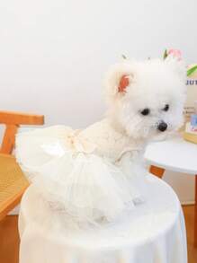 1 件宠物服装，适合猫和小型犬，透气轻便舒适的公主薄纱裙 - 花卉梦幻婚纱 - 白色 - 查看 3