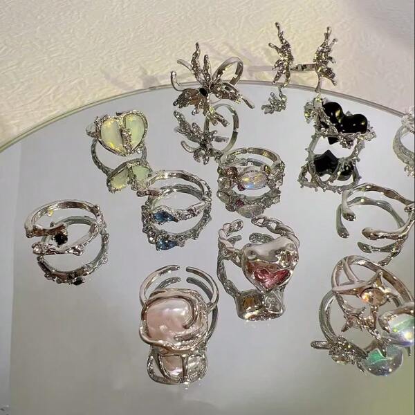 Y2K Crystal Rings Kpop Heart Adjustable Ring Asymmetrical Geometry Punk Vintage Rings Set For Women Girls New Fashion Jewelry Gift