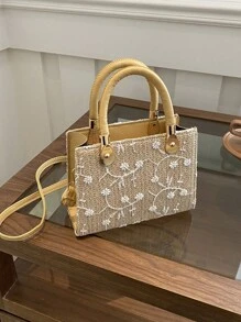 1pc Women's Solid Color Embossed Stitching Fashion Stone Texture Handbag, Shoulder & Crossbody Bag With Zipper Closure - Khaki - View 2