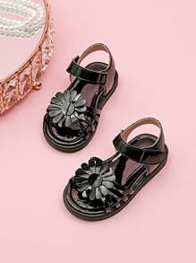 Girls' Rainbow Flower Decor Open Toe Sandals - Black - View 4