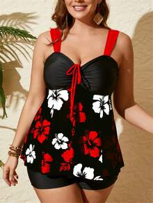 Tankini da donna elegante con stampa floreale, spalline larghe, coulisse regolabile in vita con fiocco, set tankini tinta unita con parte superiore a collo alto e parte inferiore a taglia curvy