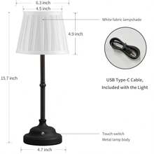 Portables Cordless Table Lamp, Fabric Shade Desk Lamp, Rechargeable Battery Powered Lighting, Dimmable Light For Dining Room, Bedroom, Bedside, Bar, Night Light, Camping, Balcony - Black - View 6