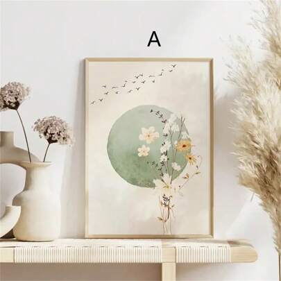 1 pieza/2 piezas Pósteres de arte de pared Japandi vintage verde salvia Wabi-Sabi - Impresión en lienzo de flores botánicas, pájaros y luna abstractos para sala de estar, dormitorio, baño, dormitorio, cocina - Regalo perfecto, decoración de habitación, decoración del hogar neutra, decoración de Halloween, Navidad, Año Nuevo (con opción de marco)