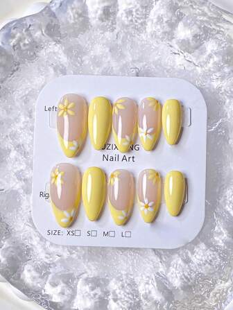 10 件手工精致黄色法式手绘小雏菊、粉色渐变腮红、天蓝色波浪、3D 花卉雕刻海星、可爱优雅的按压式指甲，适合春夏季美甲用品指甲
