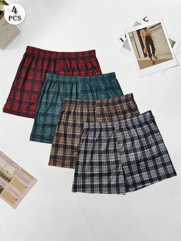 Juego de 4 pantalones cortos de hombre con estampado de cuadros, shorts de pijama informales de cintura elástica con ajuste relajado, multicolor