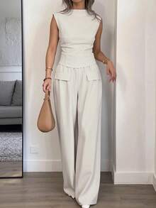 Elegant Women 2pcs/Set Solid Colour T-Shirt And Wide Leg Pants Suit - Apricot - View 3