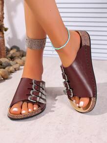 Women's Fashion Slip-On Sandals, Coffee Minimalist Buckle Decorated, High-End Casual Beach Slippers For Summer - Coffee Brown - View 4