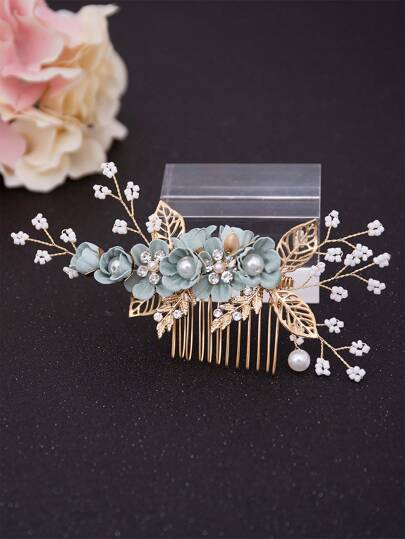 1pc Women's Gold Thread Light Green Flower & Pearl Handmade Hair Comb Hairpiece