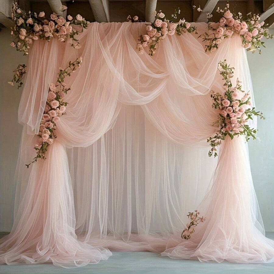 1pc Tulle Curtains Outdoor Wedding Party Decor Background Arch Drape Ornament - Champagne - View 1