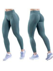 Women's Yoga Leggings Solid Color High Waisted Joggers Tummy Control Workout Cycling Pants - Green - View 2