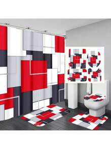 1pc/4pcs Bohemian Marble Block Geometric Shower Curtain Set, Vintage Elegant Marble Block Print Shower Curtain, Creating Unique Bathroom Decor. Waterproof Shower Curtain With 12 Hooks, Bath Mat, Toilet U-Shaped Pad, Toilet Lid Cover, Bathroom Partition, Bathroom Accessories, Bathroom Decoration
