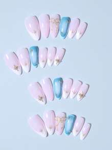 24 件长杏仁 3D 凝胶指甲，采用仿珍珠设计，打造蝴蝶结，法式尖头按压指甲，杏仁完美贴合亚克力假指甲套装，包含：1 件果冻胶和 1 件指甲锉，适合女士和女孩日常佩戴和派对使用美甲用品