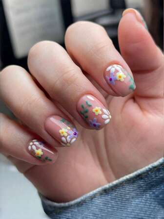 24 件短方形弹簧多色花假指甲+1 件果冻胶+1 件指甲锉压指甲用品，适合女性日常约会佩戴