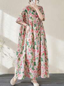 2026夏季新款复古碎花摆裙，女士大码休闲优雅连衣裙，波西米亚风沙滩裙，粉色碎花度假连衣裙 - 粉色 - 查看 4