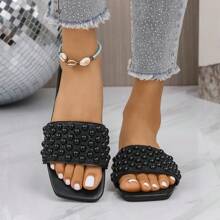 Women's Elegant Comfortable Casual Crystal Decor Flat Slip-On Fashion Sandals - Black - View 3