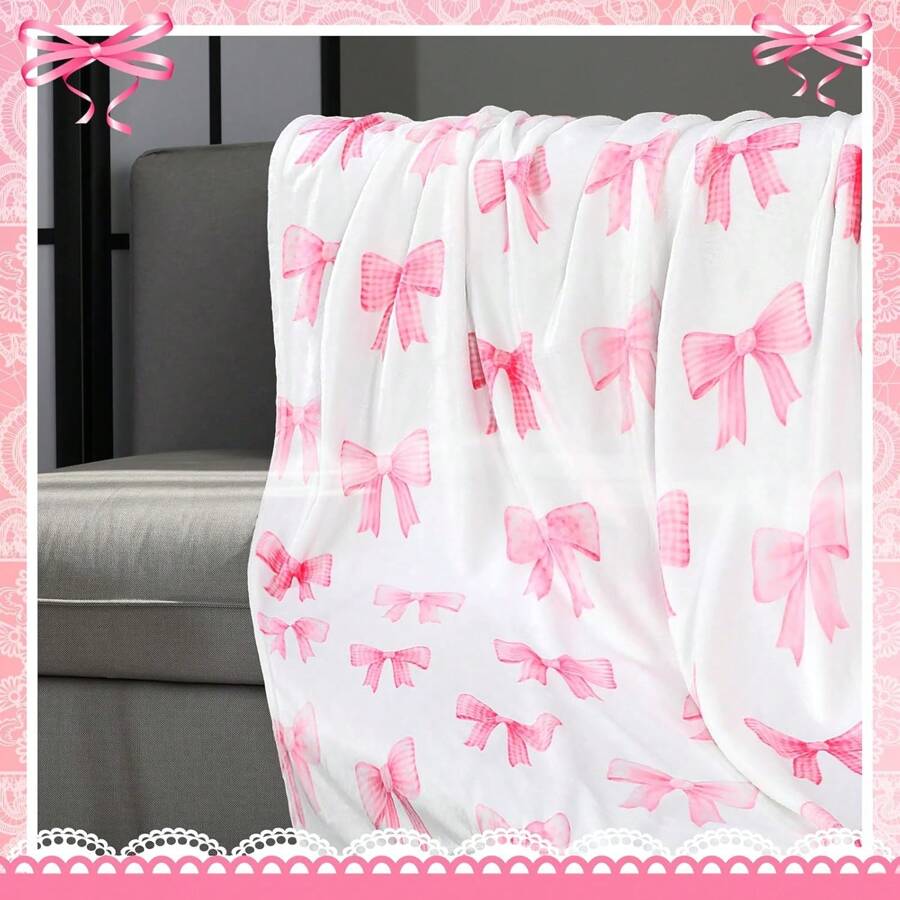 Buryeah Coquette Pink Bow Throw Blanket Pink Bow Ribbon Winter Farmhouse Blanket Couch Sofa Soft Warm Bed Blankets For Women Friends Gifts, Various Sizes - 水彩蝴蝶結 - 查看 1