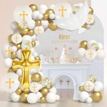 135pcs First Decorations Balloons Set, God Bless White Gold Baptism Balloons Arch For First Holy Decorations Christening Baptism Party Supplies