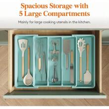 Organizador de utensilios de cocina Lifewit para cajones, bandeja expandible para utensilios de cocción, soporte ajustable para cubiertos y cubertería, divisor de almacenamiento de herramientas y utensilios de cocina de plástico, tamaño grande, color negro - turquesa - Ver 4