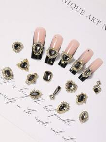 1Box 60PCS Gold Alloy Nail Gems With Black Rhinestones, Hypoallergenic Nail Crystals Nail Charms Set. Heart, Octagon, Marquise, Teardrop. Salon-Grade Nail Jewelry Kit For DIY Bridal Party Nail Art - 彩色 - 查看 6