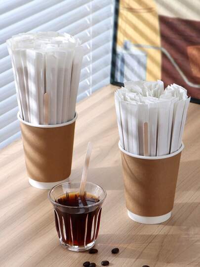 Paquete de 100piezas/200piezas Palos individuales desechables para revolver café/leche en polvo, empaquetado individual para volver al colegio